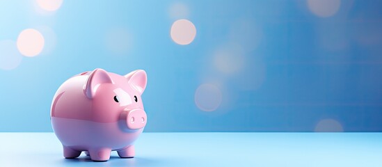 A piggy bank sits on a pastel background of pink and blue viewed from the top There is plenty of...