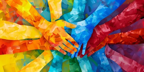 a colorful image of a group of hands reaching out to each other with a multicolored background