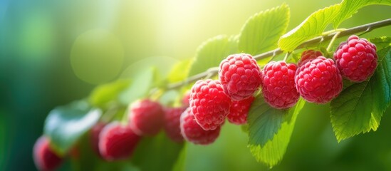 A cluster of ripe red raspberries on the plant displaying its readiness for picking with available copy space in the image
