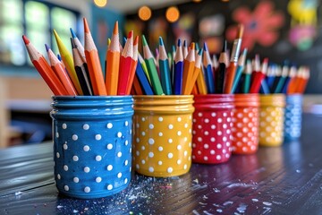 A row of colorful writing implements on a wooden table