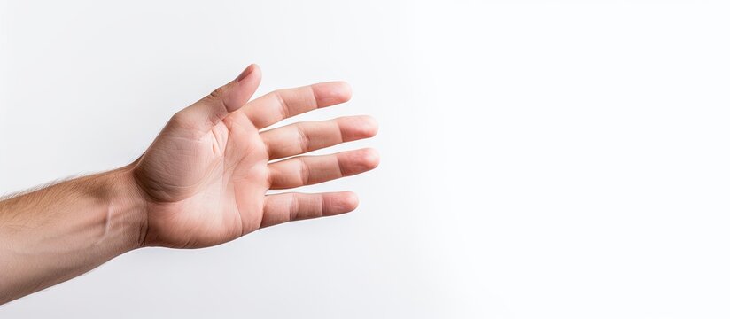 A man s hand with four fingers extended is visible on a white background inside a lightbox creating a copy space image