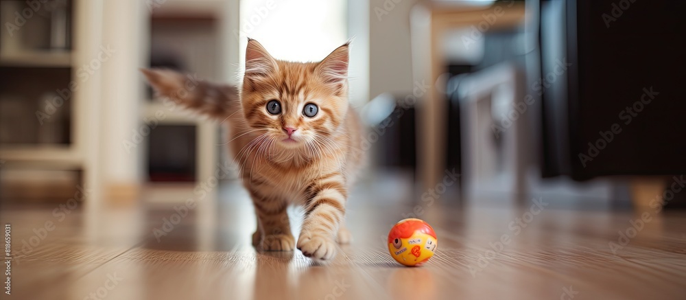 Poster cat playing with a toy on the floor with plenty of copy space in the image