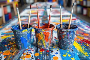 A row of colorful writing implements on a wooden table