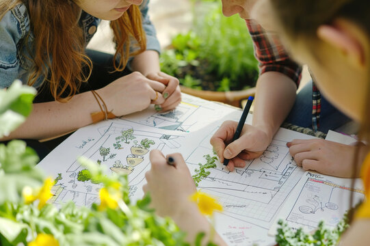 Permaculture design course: Participants sketching garden layouts, implementing principles of sustainability and resilience.
