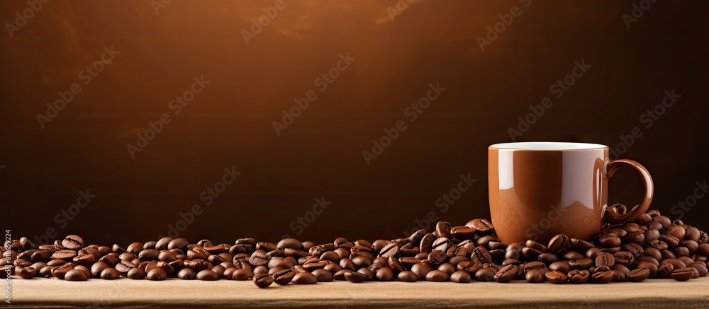 Poster image of a brown coffee cup with brown coffee beans. with copy space image. place for adding text or