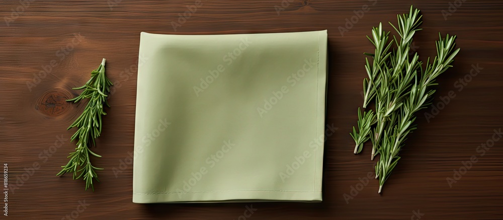 Aufkleber flat lay with a minimalist feel featuring a green kitchen napkin folded on a table the isolated imag