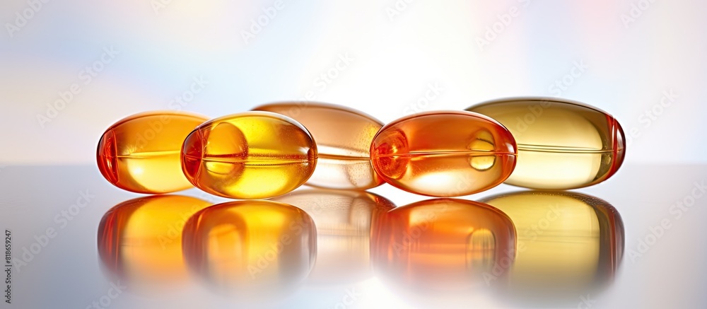 Poster Close up high resolution copy space image of three Omega 3 capsules isolated on a white background surrounded by a multitude of other capsules on a blurred background This image conveys the concept o