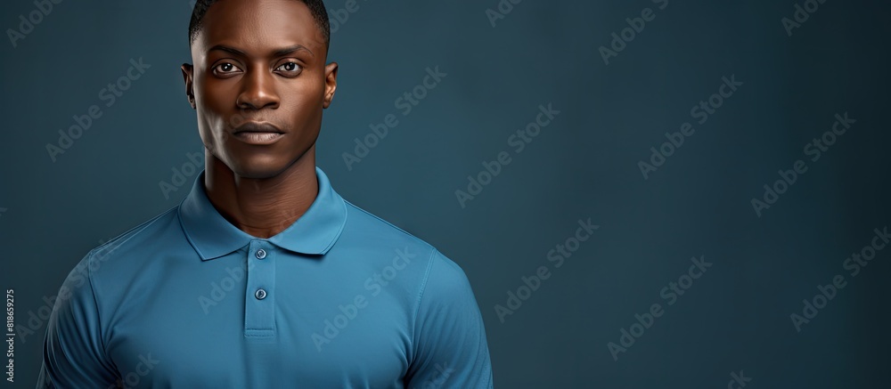 Poster the image portrays a young attractive african man in a blue polo shirt the background is a gray stud