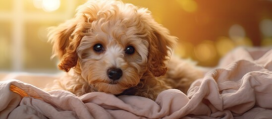 A little poodle puppy lies on a bedspread while going for a walk showcasing its cute and adorable nature The image includes copy space 127 characters