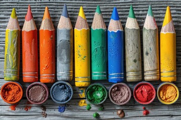 A row of colorful writing implements on a wooden table
