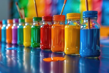 A row of colorful writing implements on a wooden table
