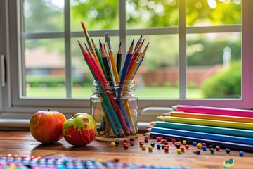 A row of colorful writing implements on a wooden table