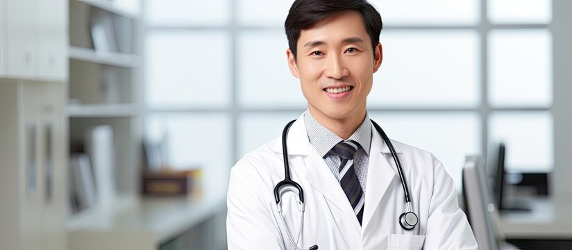 Confident Asian male doctor with folded arms wearing a white lab coat stethoscope and tie smiling at the camera in a copy space image