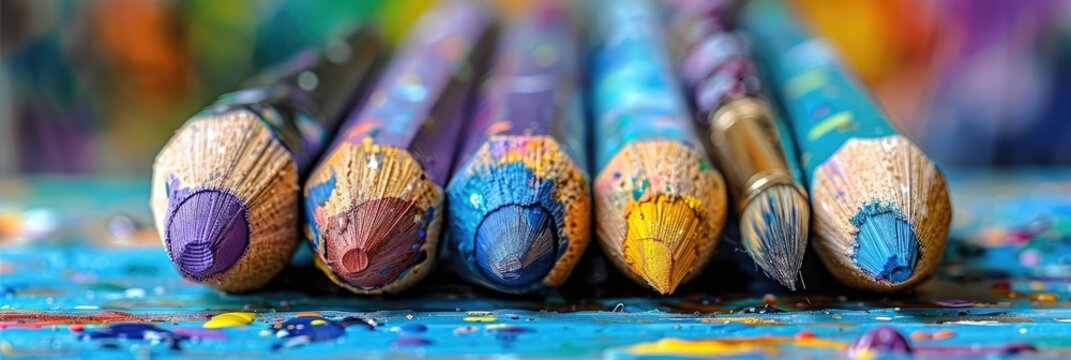 A row of colorful writing implements on a wooden table
