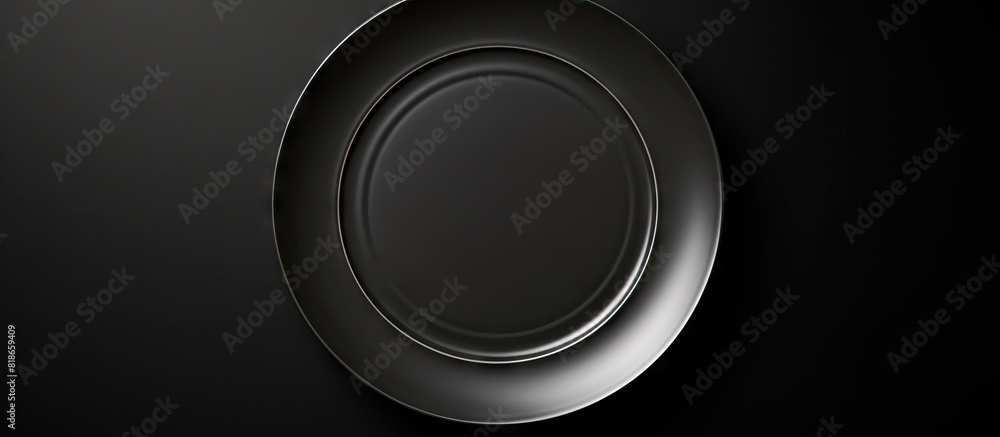 Poster The black background sets the stage for the food concept showcased in the top view of an empty grey plate with a centered copy space image