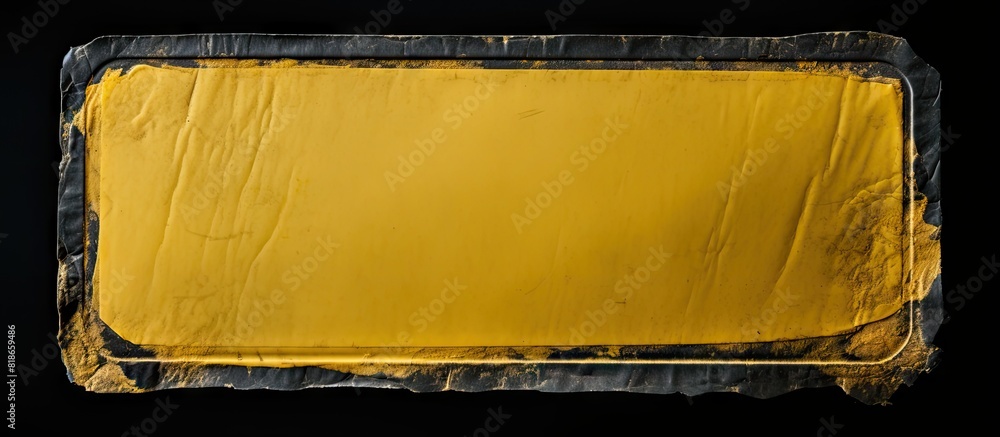 Poster A close up top view image of a sticker or paper adhesive with a wrinkled and scratched surface It features a blank paper tag or label with a yellow border isolated on a black background providing cop