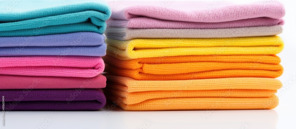 Poster bright microfiber cloths stacked on a white background with copy space image for text