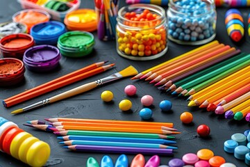 A row of colorful writing implements on a wooden table