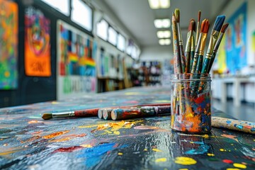 Fototapeta premium A row of colorful writing implements on a wooden table