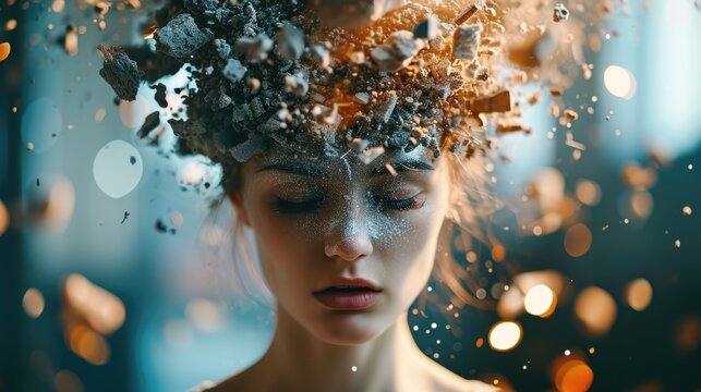 The picture that about the human face with different facial expression with colourful blowing effect near their head that can be portrayed feeling when they received too much the information. AIGX03.