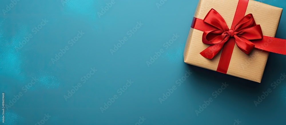 Poster a brown paper gift box with a red satin ribbon bow is placed at the bottom of a blue background the 