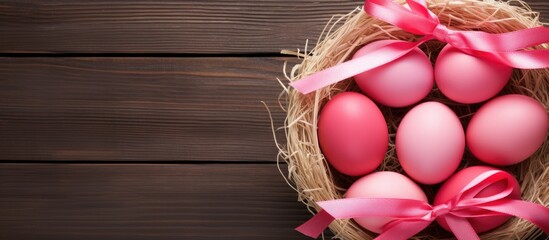 Top view of pink Easter eggs in a nest adorned with a red ribbon bow A copy space image with a beautiful background