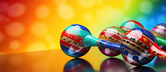Colorful Mexican maracas are shown against a vibrant background leaving ample copy space for...