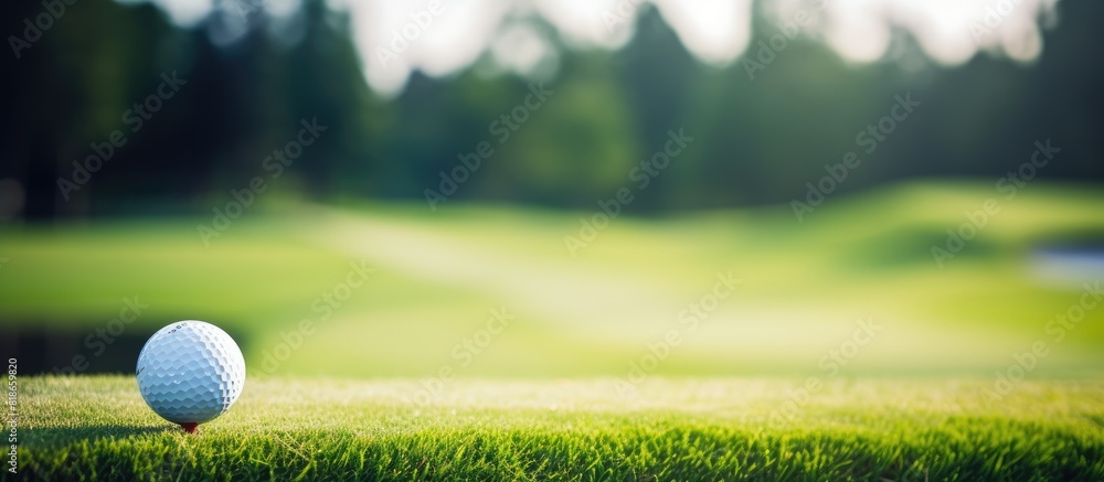 Fototapete a golf ball and driver rest at the driving range with ample copy space and a shallow depth of field