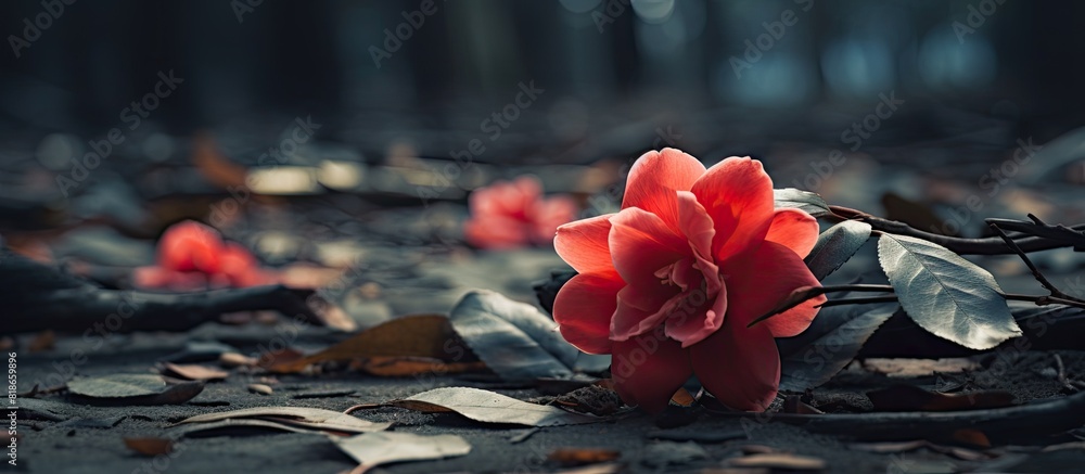 Poster camellia flowers fallen on the ground captured in a copy space image