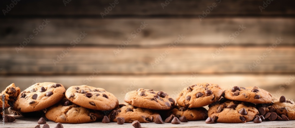 Poster a copy space image of chocolate chip cookies on a wooden backdrop