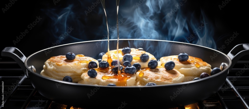 Poster creating silver dollar blueberry pancakes on a stovetop with mini pancakes sizzling in the pancake p