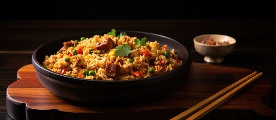 A copy space image of pork fried rice is served on a rustic wooden plate with a dark tone