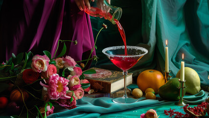 modern and artistic, editorial still life with flowers, candles and books on the table, arm pouring red drink into a martini glass. Green, teal, purple colors.Artistic composition,contemporary table 