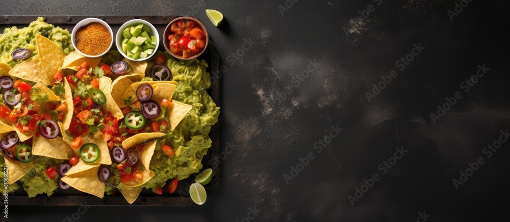 Poster A top down view of Mexican nachos topped with guacamole placed on a gray concrete surface The image has ample space for additional content