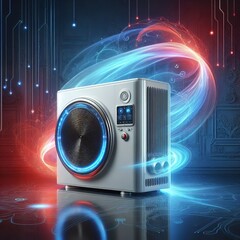 Advanced Desktop Computer: Futuristic Design with Neon Lights and High-Speed Data Processing Capabilities