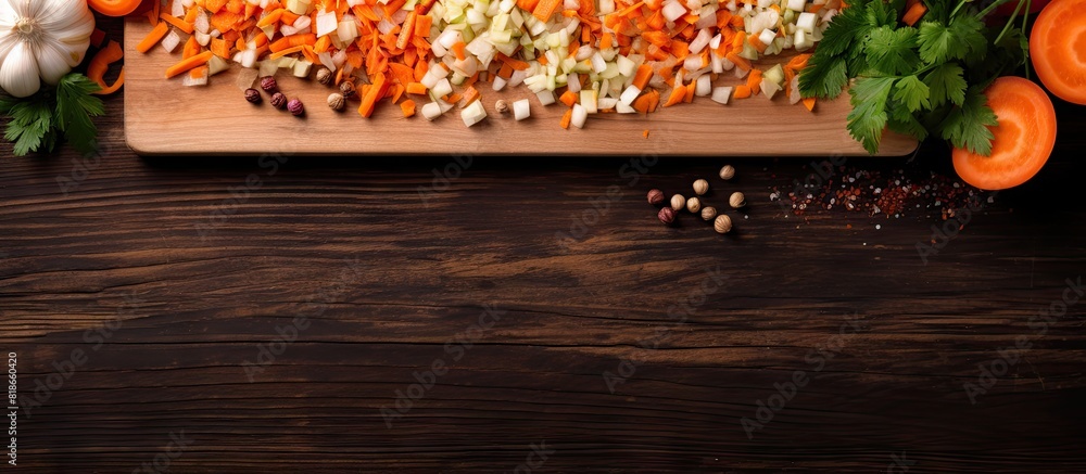 Poster the cutting board with chopped cabbage and carrot is placed on a brown wooden background it is seen 