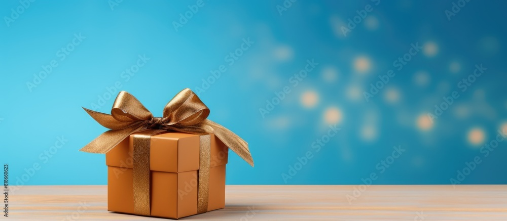 Aufkleber A brown gift box adorned with a matching ribbon stands alone against a vibrant blue backdrop creating a visually appealing copy space image