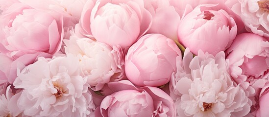 Fresh peony flower buds and petals on a pink and white floral background perfect for a copy space image
