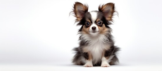 A cute gray purebred kitten with fluffy fur is seen in a copy space image against a white background