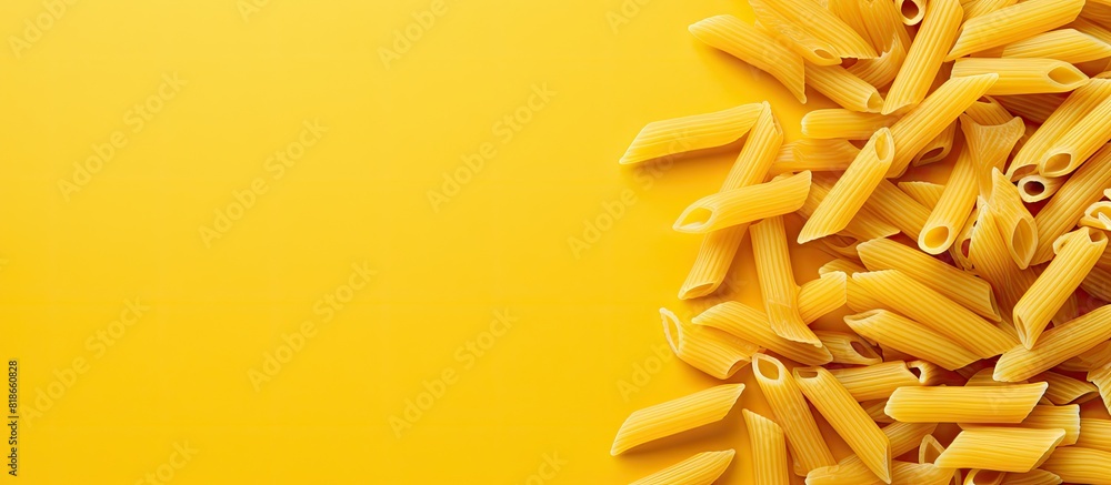 Poster an image of pasta penne taken from an overhead perspective set against a vibrant yellow background p