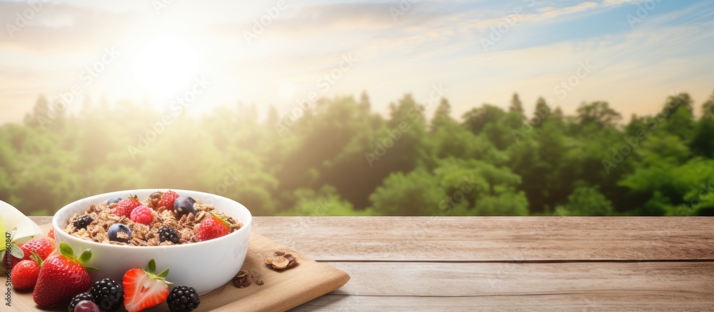 Poster a healthy breakfast featuring a plate of muesli on a wooden background with a view from above and co
