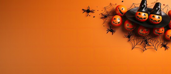 Top view of an orange Halloween hat adorned with images of spiders bats and ghosts on an orange background This festive headdress captures the spirit of Halloween Copy space image