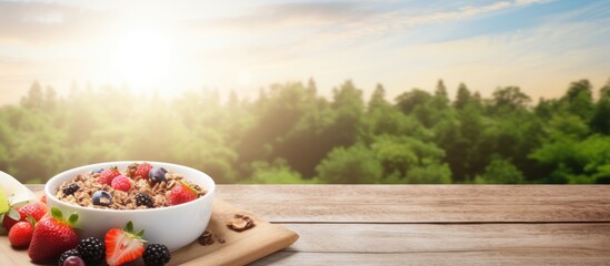 A healthy breakfast featuring a plate of muesli on a wooden background with a view from above and...