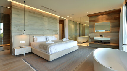 Fototapeta premium 3d rendering loft luxury bedroom with working table and wardrobe,Interior design: Big modern Bedroom,real estate Luxury Interior design in bedroom of pool villa with cozy king bed. 