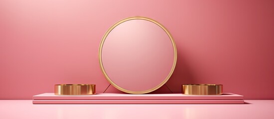 A gold mirror reflects on a pink background creating a vanity table concept This minimal composition offers copy space for your text