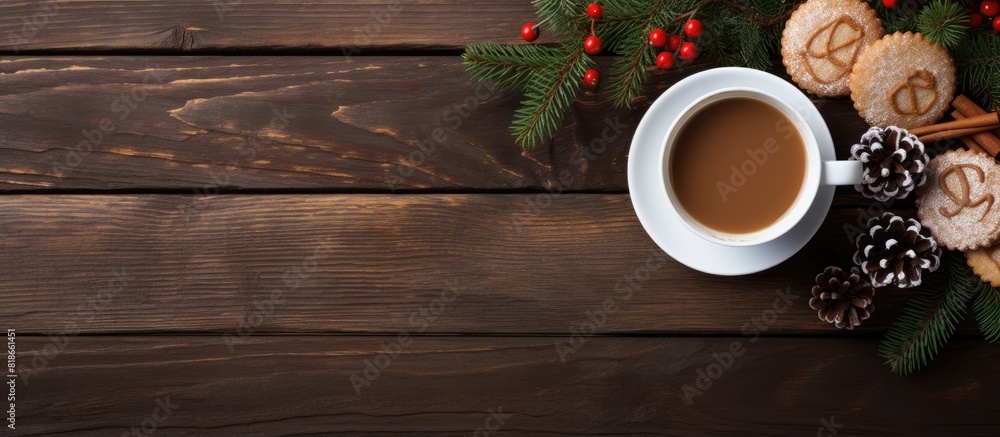 Poster A Christmas themed composition featuring spruce branches pinecones a cup of coffee with cookies on a wooden background Great for festive greetings or cards Includes copy space viewed from above