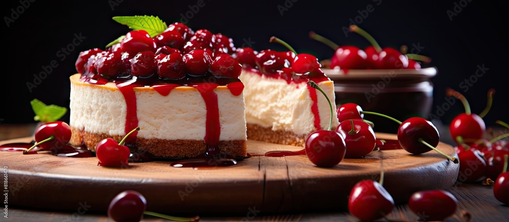 Poster A close up photograph capturing a delectable cheesecake adorned with a generous spread of cherry jam on a table with plenty of empty space for additional props or elements