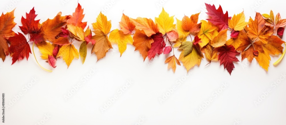 Poster a top down view of a border frame made from vibrant autumn leaves isolated on a white background the