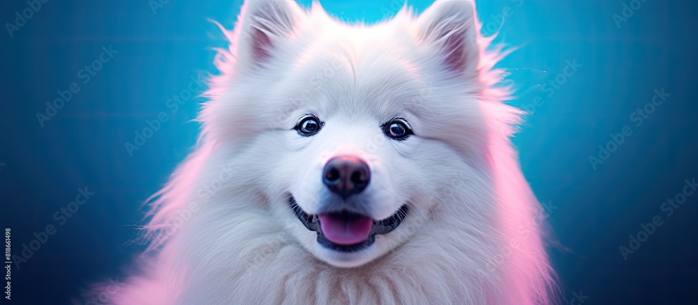 Aufkleber a cute samoyed dog with a white and fluffy coat poses for a portrait the dog is isolated on a blue b