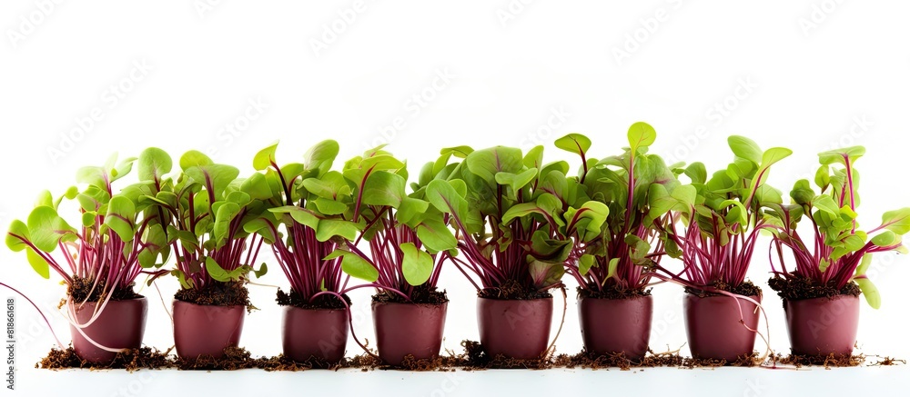 Poster a close up image of micro green beet sprouts in a pot with soil on a white background promoting a he
